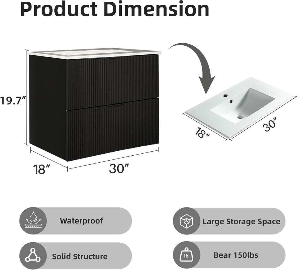 30" Black Wall Mounted Floating Bathroom Vanity with Sink - Modern Vanity Cabinet