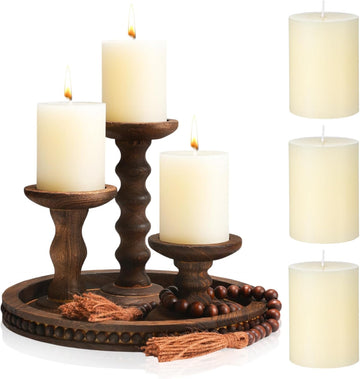 8 Pcs Farmhouse Wood Candle Holders with Pillar Candles Set Wooden Rustic Candle Holders Round Decorative Serving