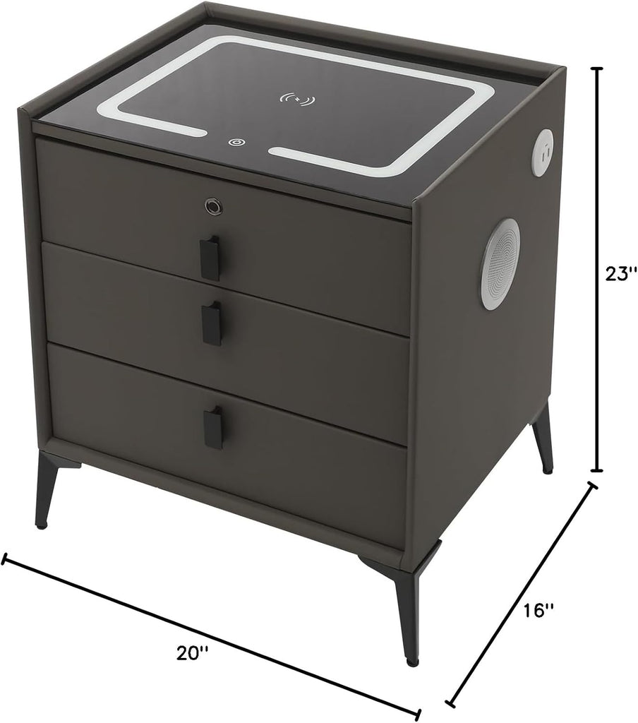 Smart Bedside Side Table w/USB Charging, Smart LED Nightstand w/Three-Color Light & Fingerprint Lock Drawer, Speaker