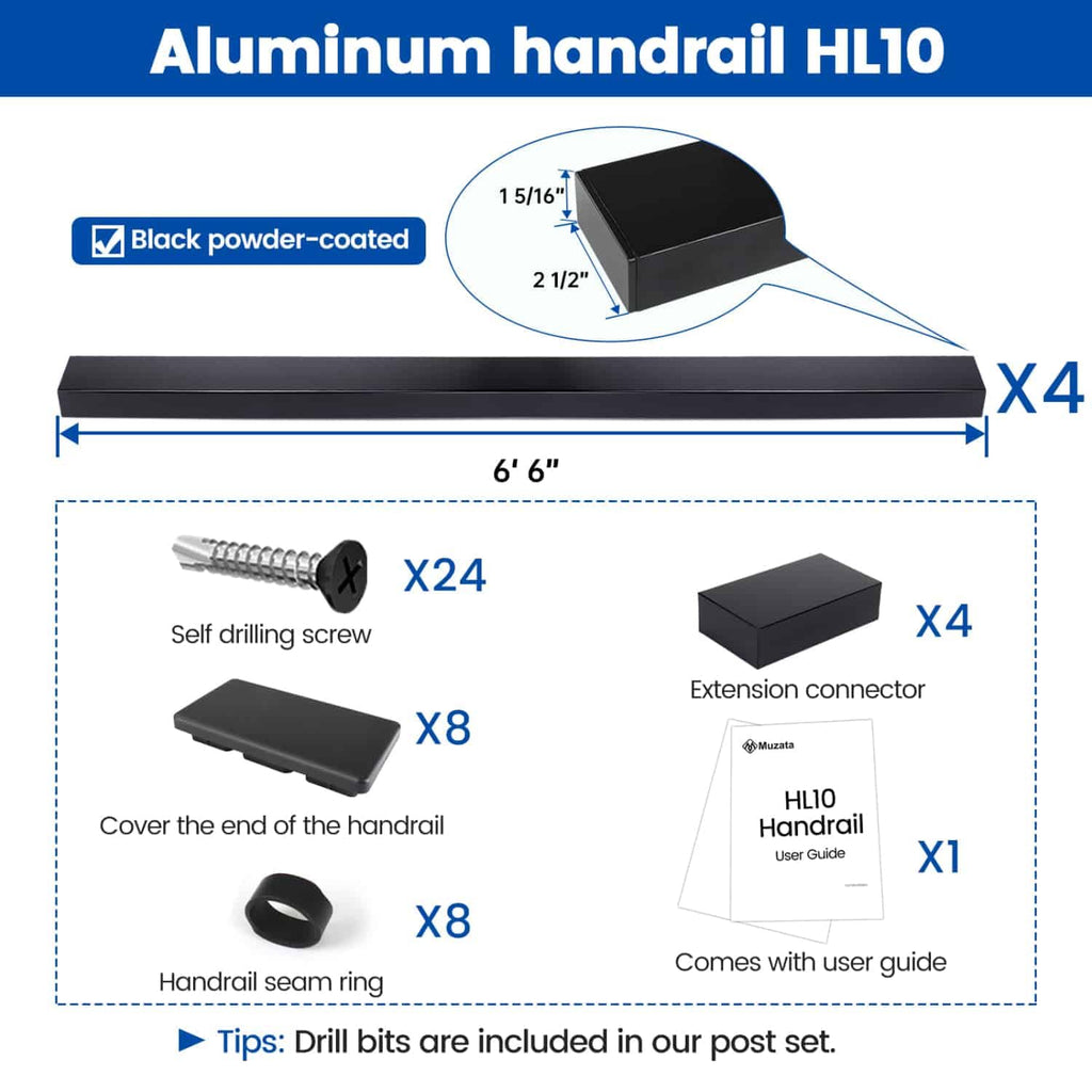 4Pack 6'6" Black Aluminum Cable Railing Handrail Rectangular HL10