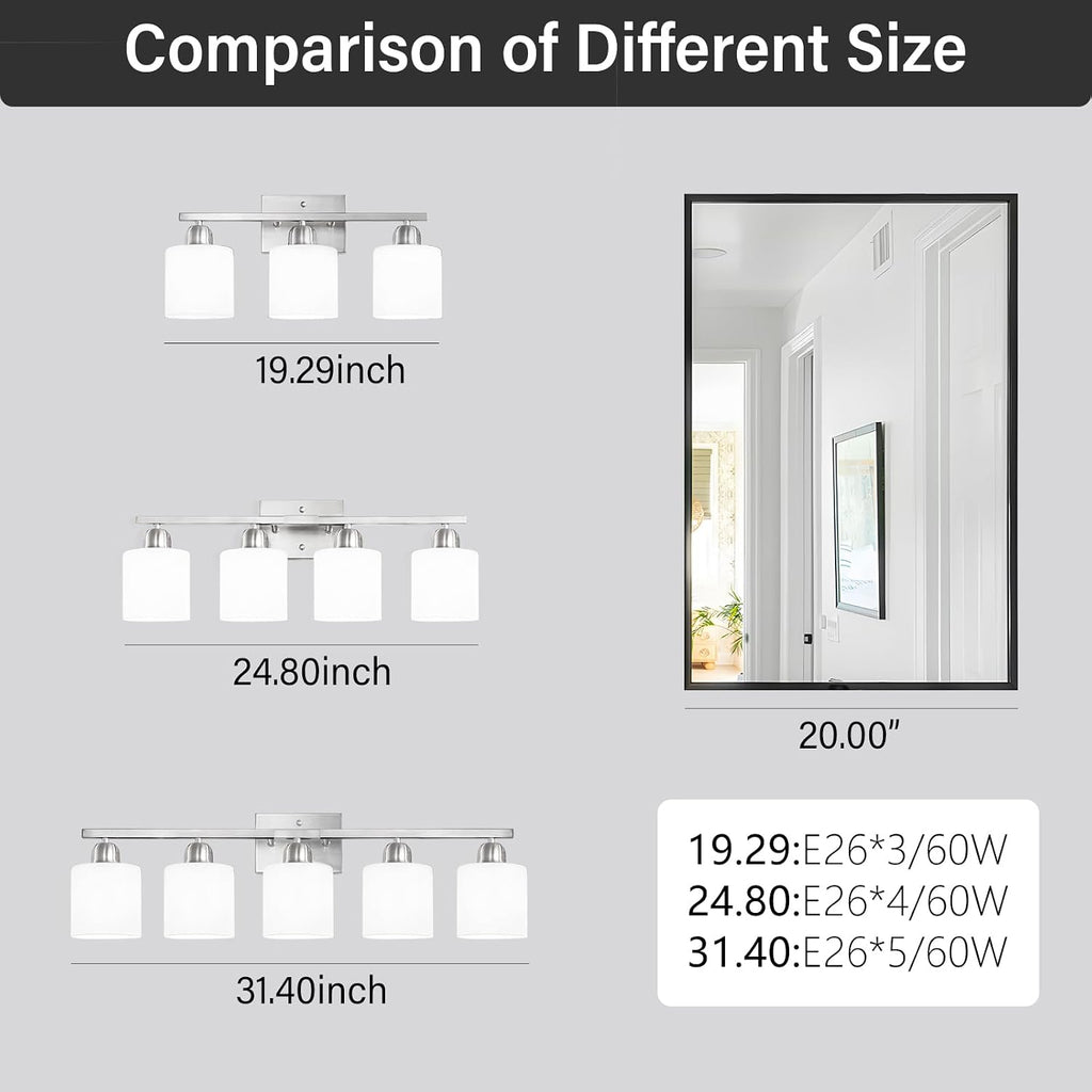 Brushed Nickel Bathroom Light Fixture, Anti-Rust Finish 3 Light Vanity Lights , Bath Lights with Milky White Frosted