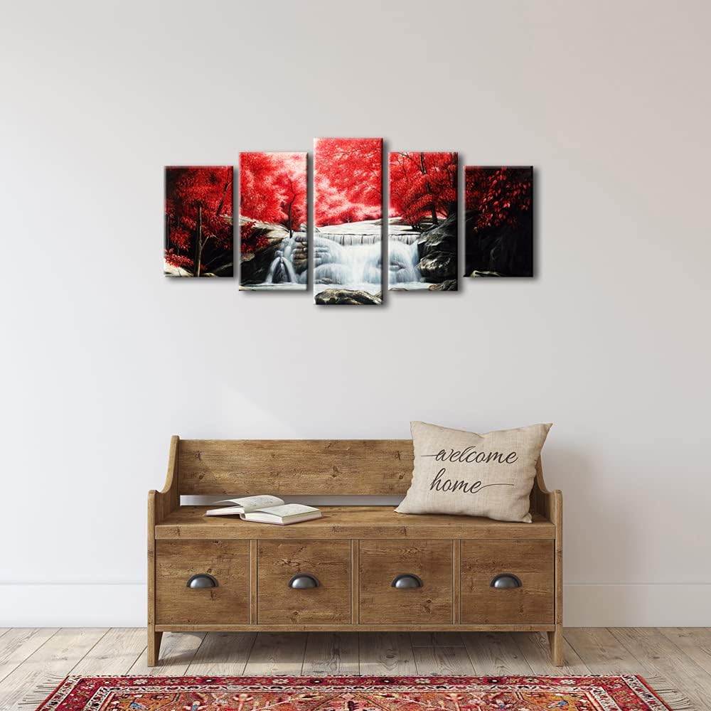 Red Forest Waterfalls 5 Piece Canvas Prints Wall Art for Living Bedroom Room Home Decorations Modern Gallery Wrapped