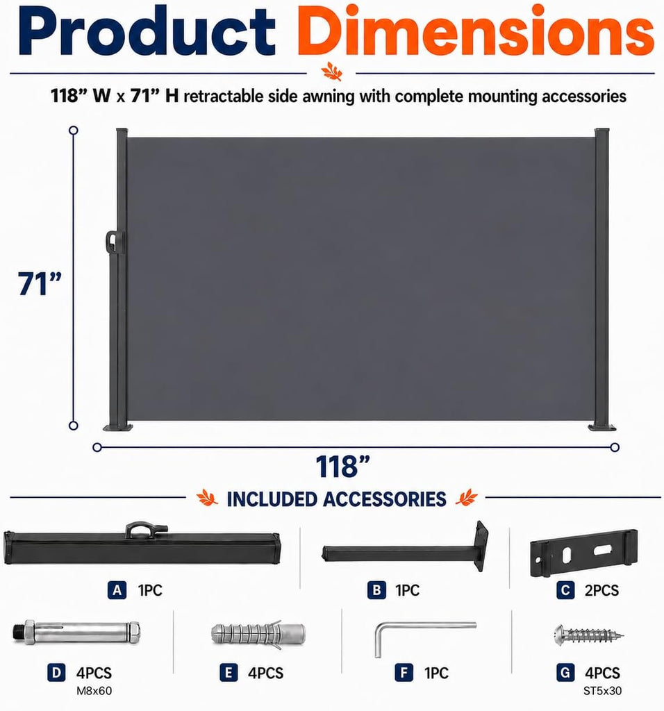 118" x 71" Retractable Side Awning, Outdoor Retractable Privacy Screen, Waterproof & UV-Resistant Retractable Fence