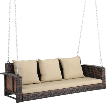 5FT Wicker 3 Person Porch Swing with Cushions, Pillows and Chains | Hanging outdoor swing supports 1000 lbs