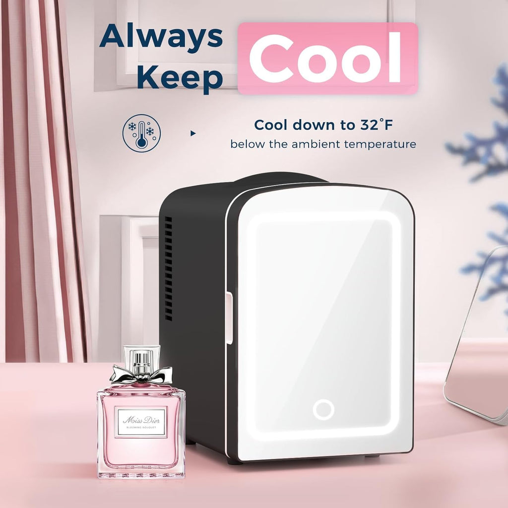 4L Makeup Mini Refrigerator With Mirror for Bedroom, Car, Office & Dorm, Portable Small Cooler for Cosmetics, Skin