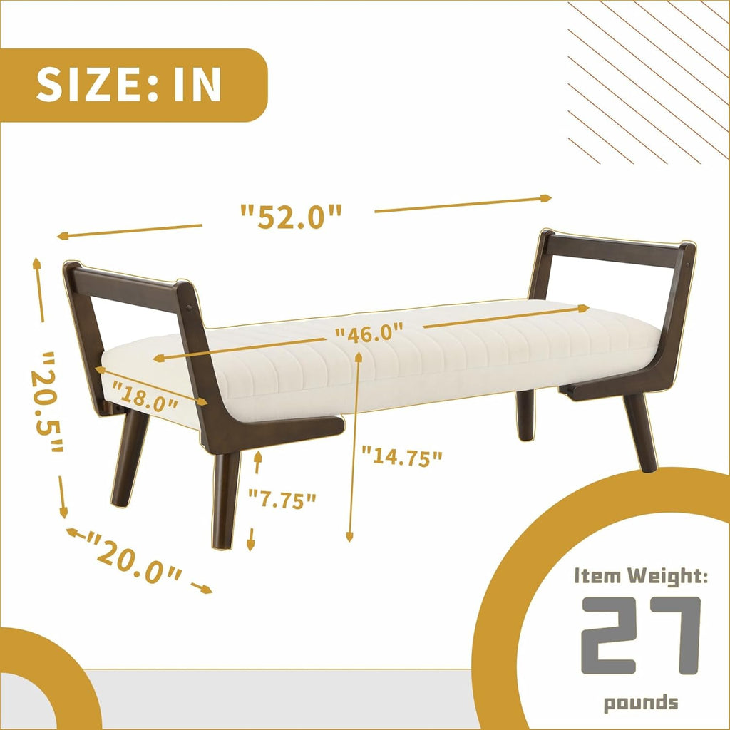 52" Upholstered Bench, Beige Chenille, Walnut Legs | Mid-century modern ottoman with high-resilience foam, sturdy