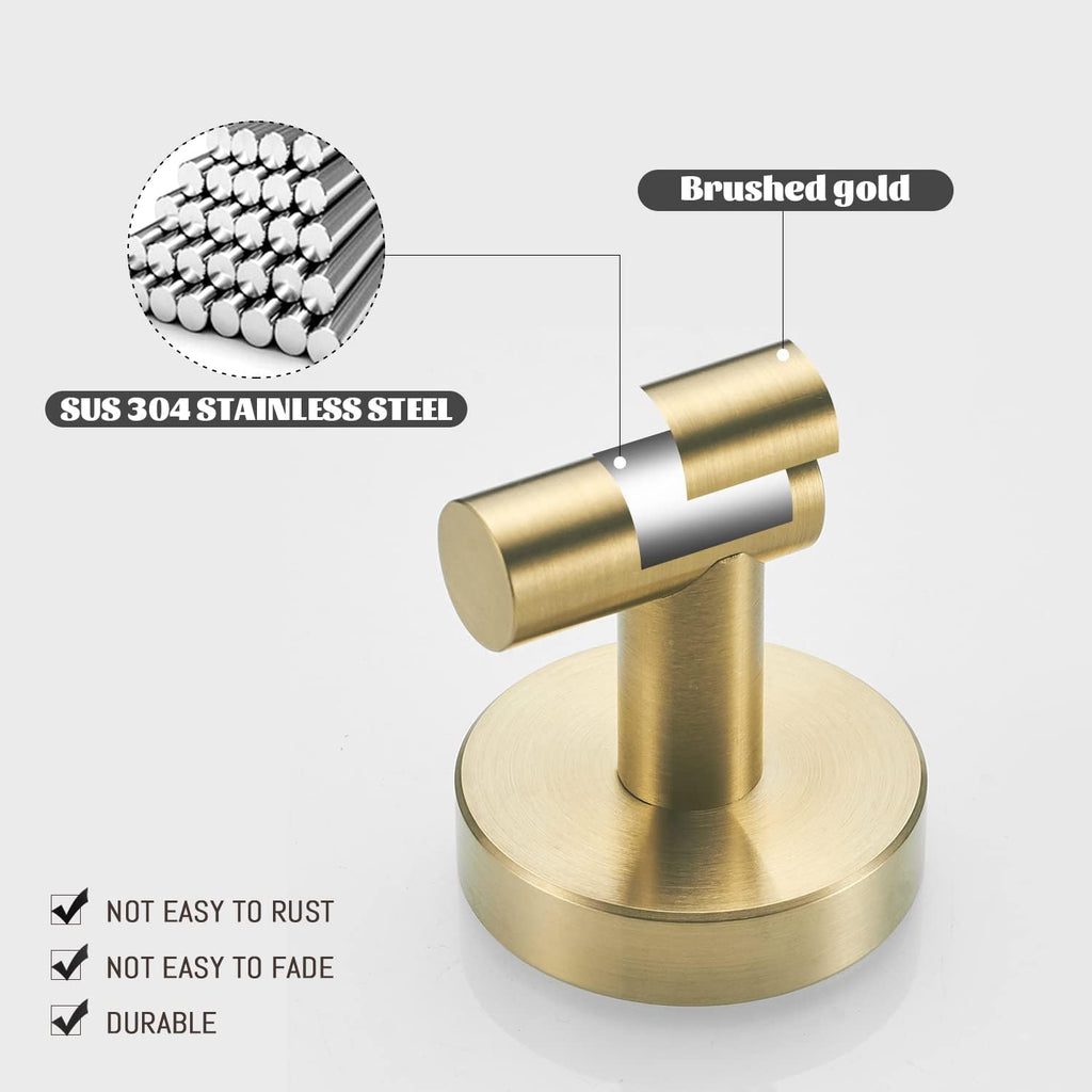 Brushed Gold Bathroom Hardware Set, Gold Toilet Paper Holder Towel Ring and 4 Robe Hooks Hand Towel Holder Bathroom