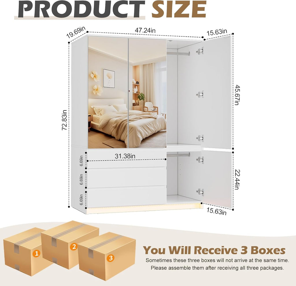 3 Doors Armoire Wardrobe Closet, 72.83" H Bedroom Armoires | Clothing Storage Cabinet with Mirror & Lights, 3