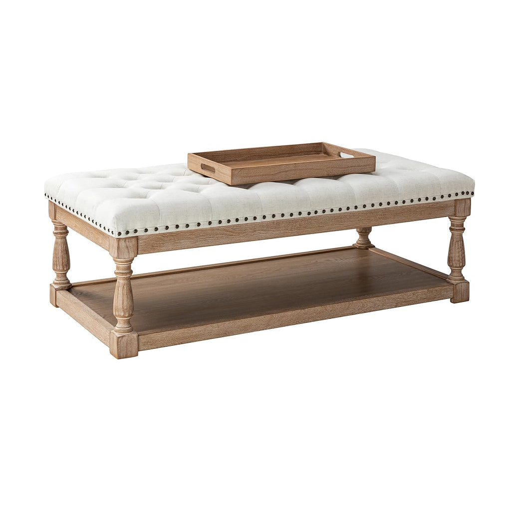 Storage Tufted Ottoman Coffee Table with Solid Wood Legs, Ivory