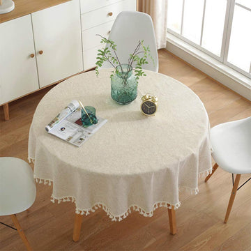 Linen Round Tablecloth, Fabric Circle Table Cloth with Tassels, Washable Wrinkle Free Table Cover Boho Farmhouse