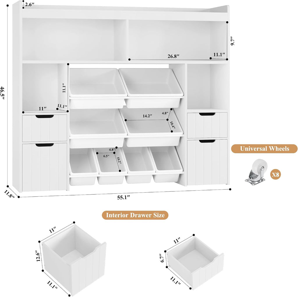 55" W Toy Storage Organizer, Large Kids Bookshelf, Toy Box, White | 8 Plastic Storage Bins / 2 Removable Toy Storage