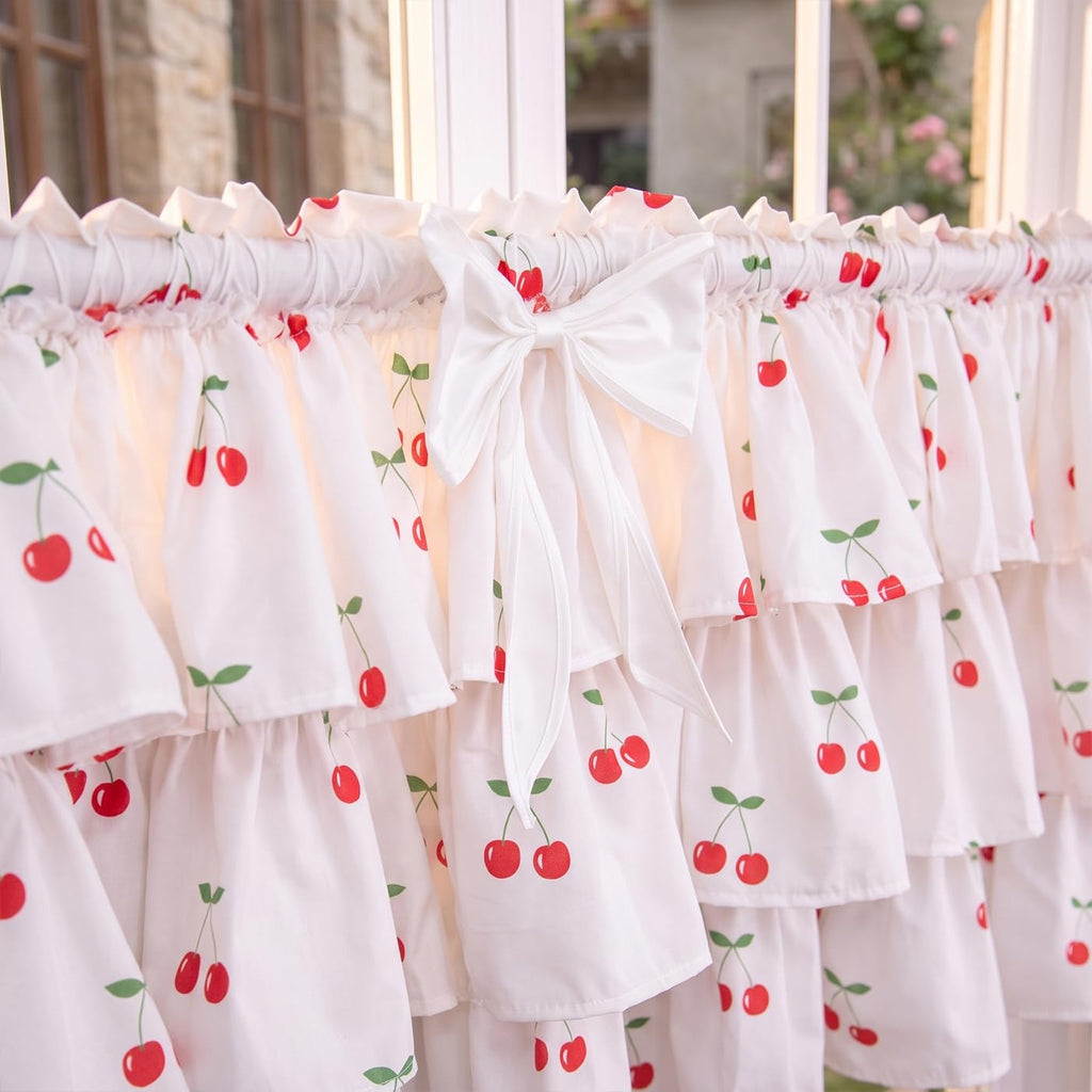 White Ruffled Valance for Small Window Red Cherry Print 52W x 18L 1PC