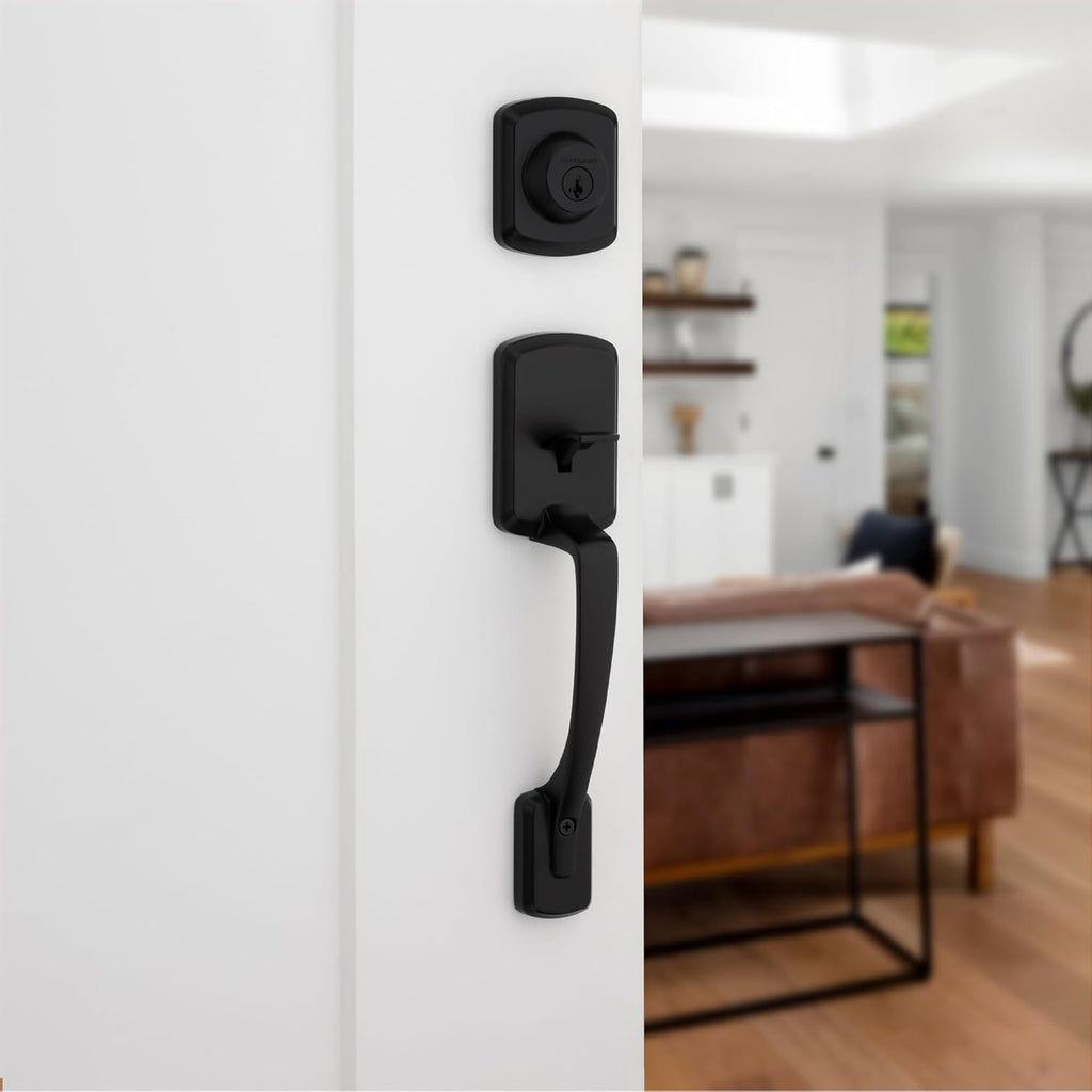 Henley Front Door Lock Handle and Deadbolt Set, Entry Handleset Exterior with Interior Reversible Lever, Matte Black - Door Handleset
