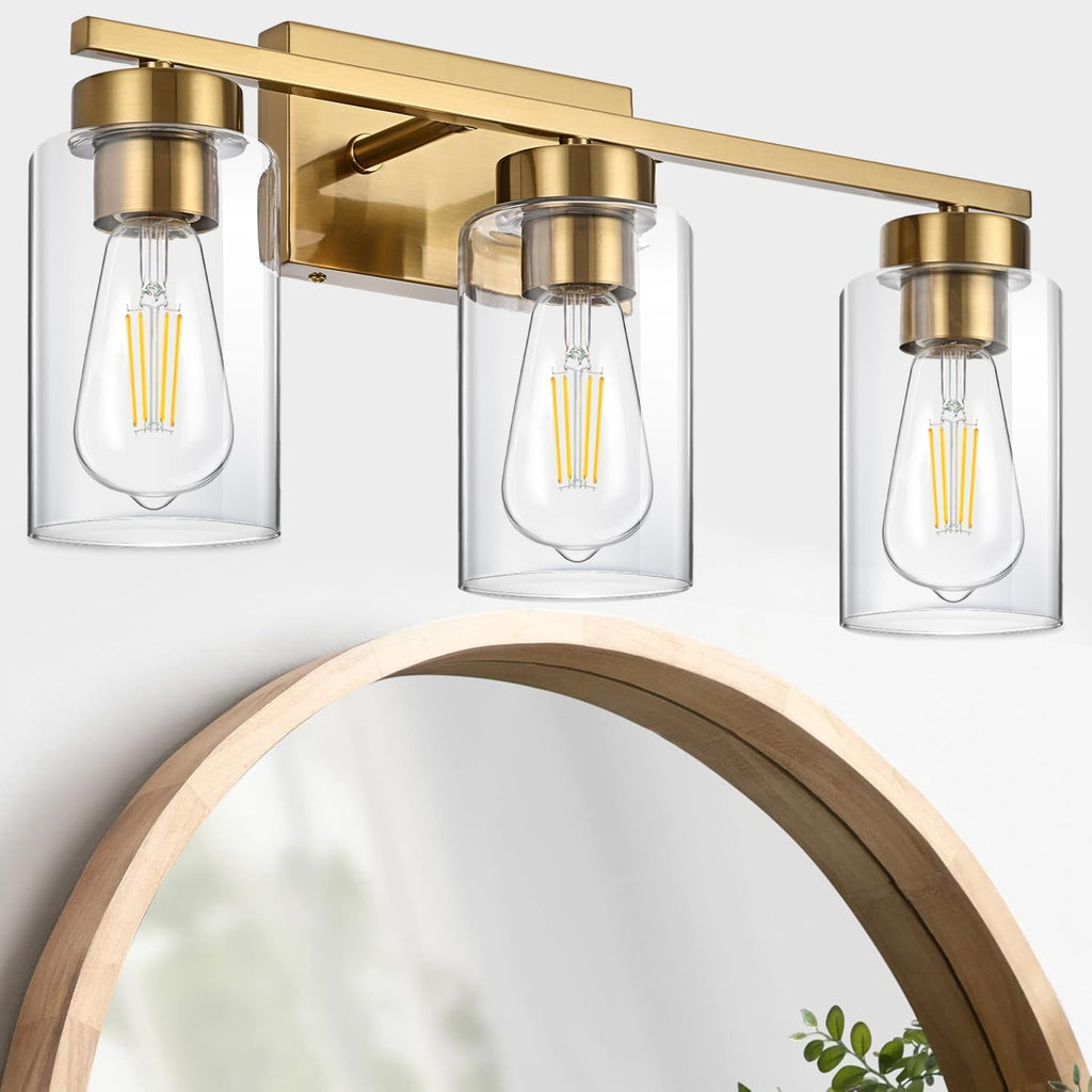 3-Light Bathroom Vanity Light, Modern Brushed Gold Wall Lights with Clear Glass Shades, Bathroom Wall Sconce Lamp for