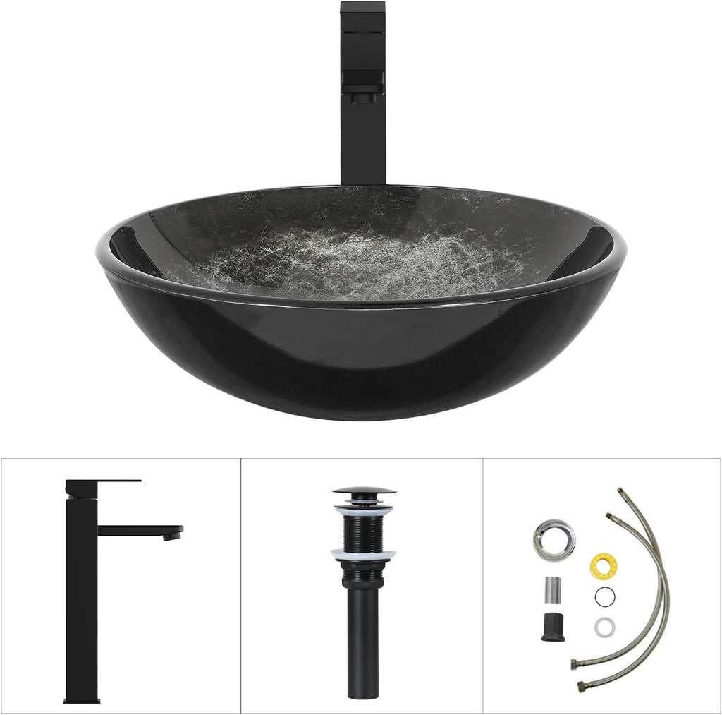 Bathroom Artistic Vessel Sink, Tempered Glass Vanity Round Bowl with Oil Rubber Bronze Faucet and Pop up drain Set