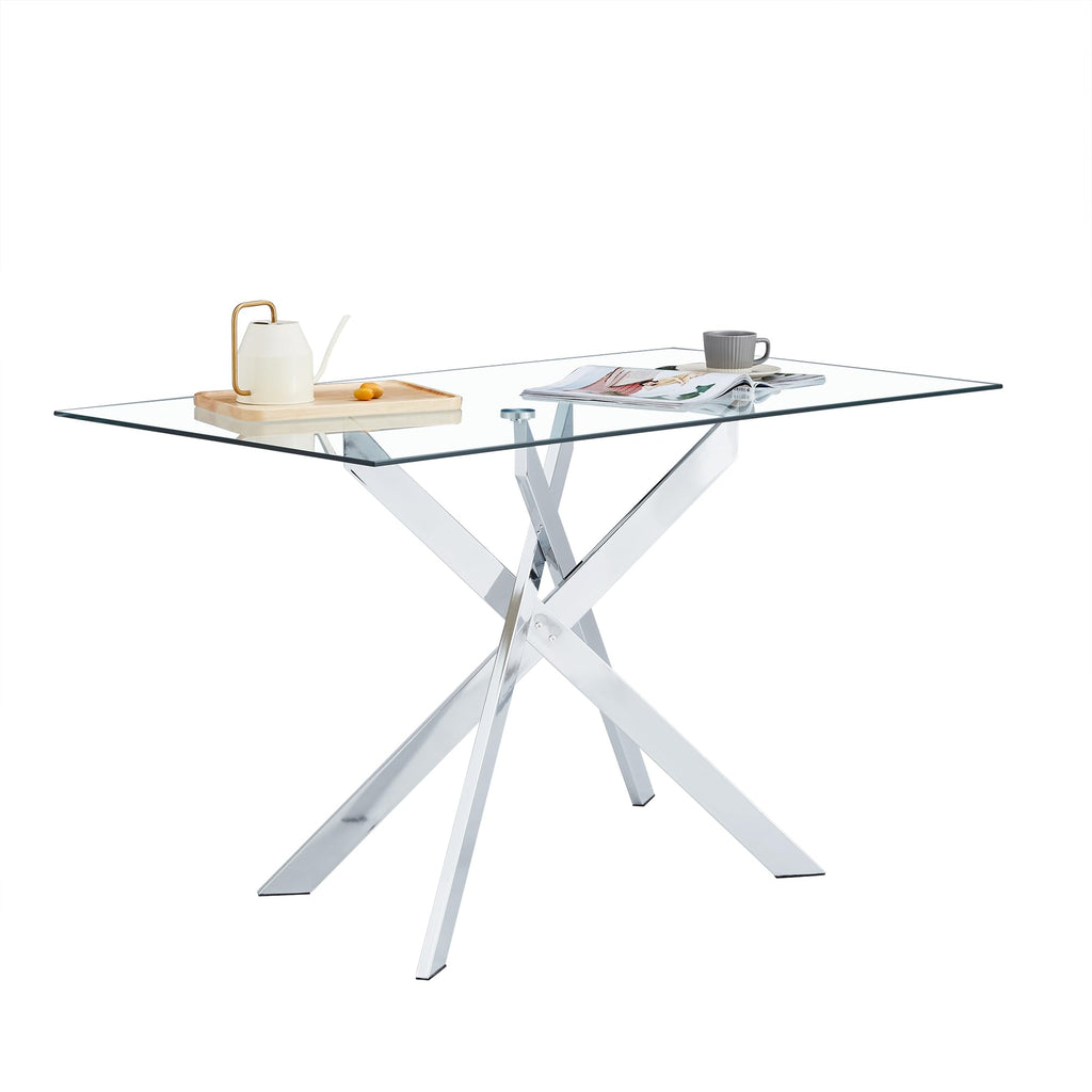 Rectangular Glass Dining Table, Tempered Glass Tabletop and Metal Legs, Modern Style Glass Kitchen Table (Silver