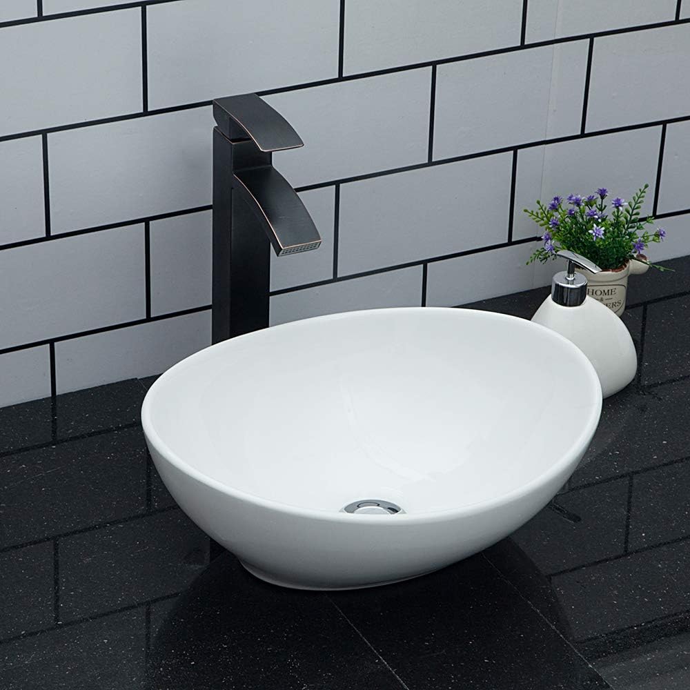 Kichae Oval Vessel Sink 16"x13" Modern Bathroom Vessel Sink Above Counter Egg Oval Shape White Porcelain Ceramic