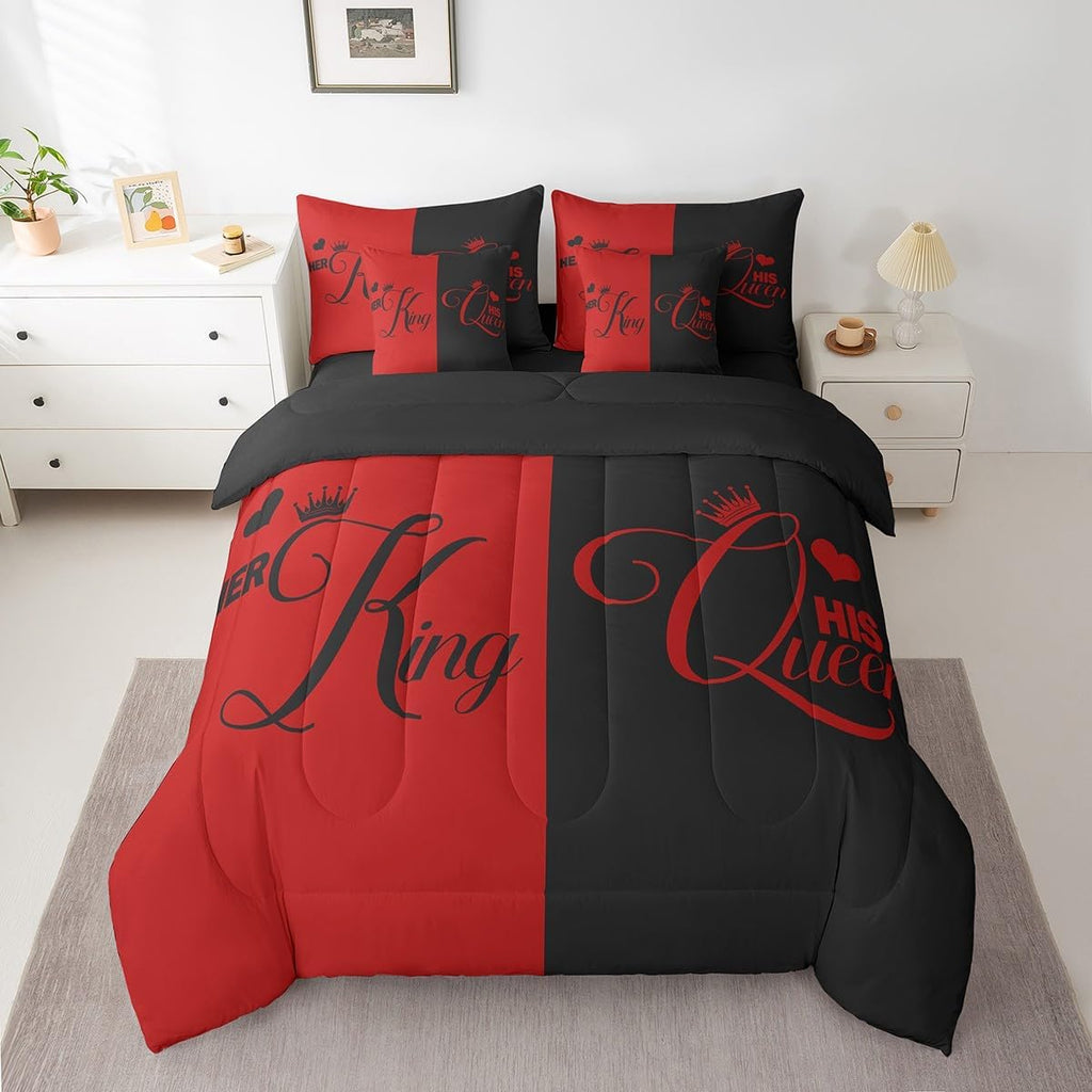 King and Queen Crown Bed in a Bag King Comforter Set 7 Pieces,Her King and His Queen Bedding Set,Romantic Valentine's - Set of 7