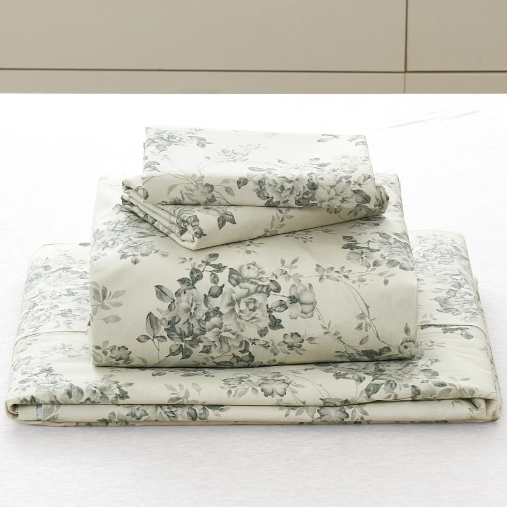Split King Cotton Sheets Set Printed Bedding Sets, Bedlinen for Mattress Up to 14" Deep, Toile Rose Floral Pattern
