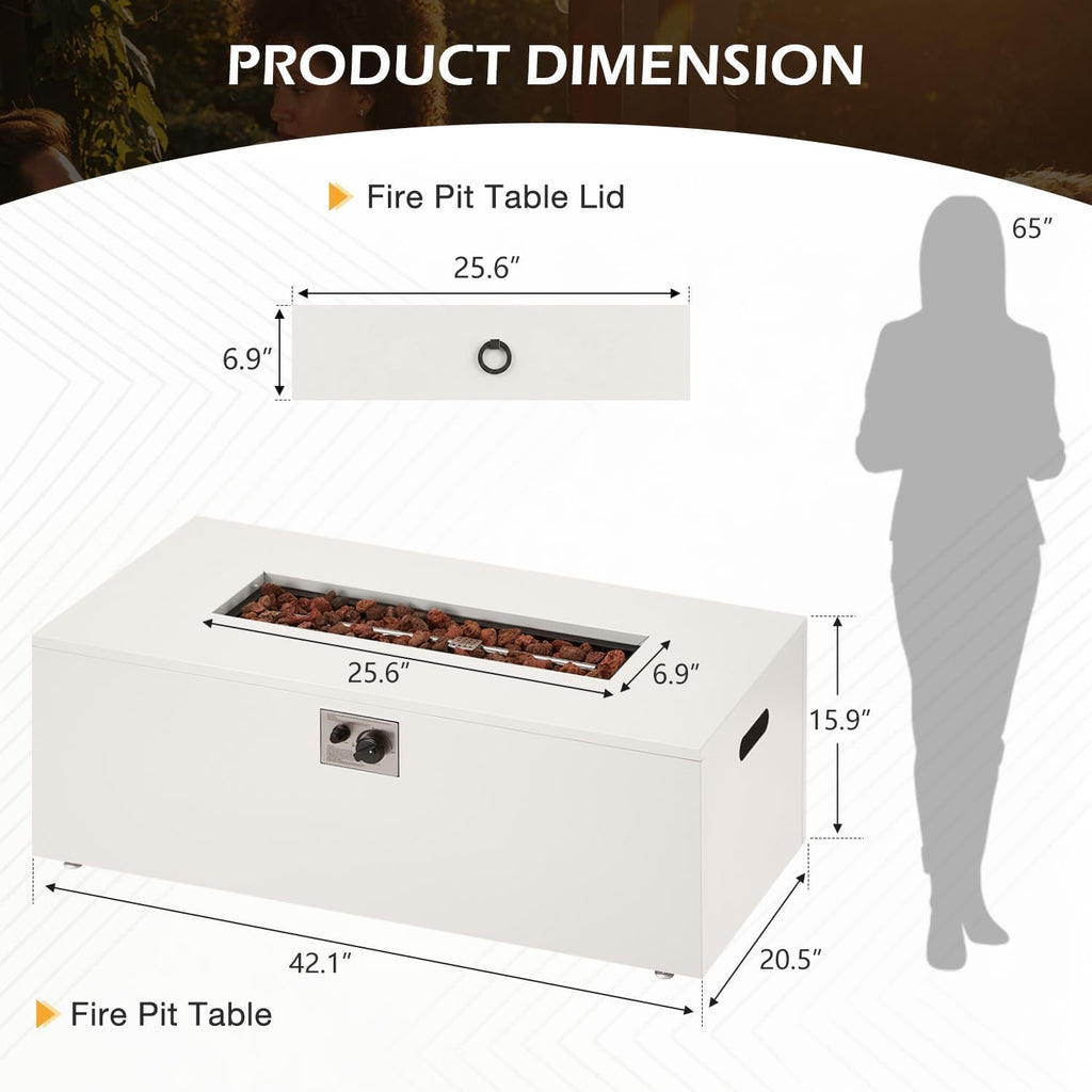42" Gas Fire Pit Table Outdoor Rectangle Propane Fire Pit No Tank Holder | 50,000 BTU 2 in 1 Low Profile Firepit