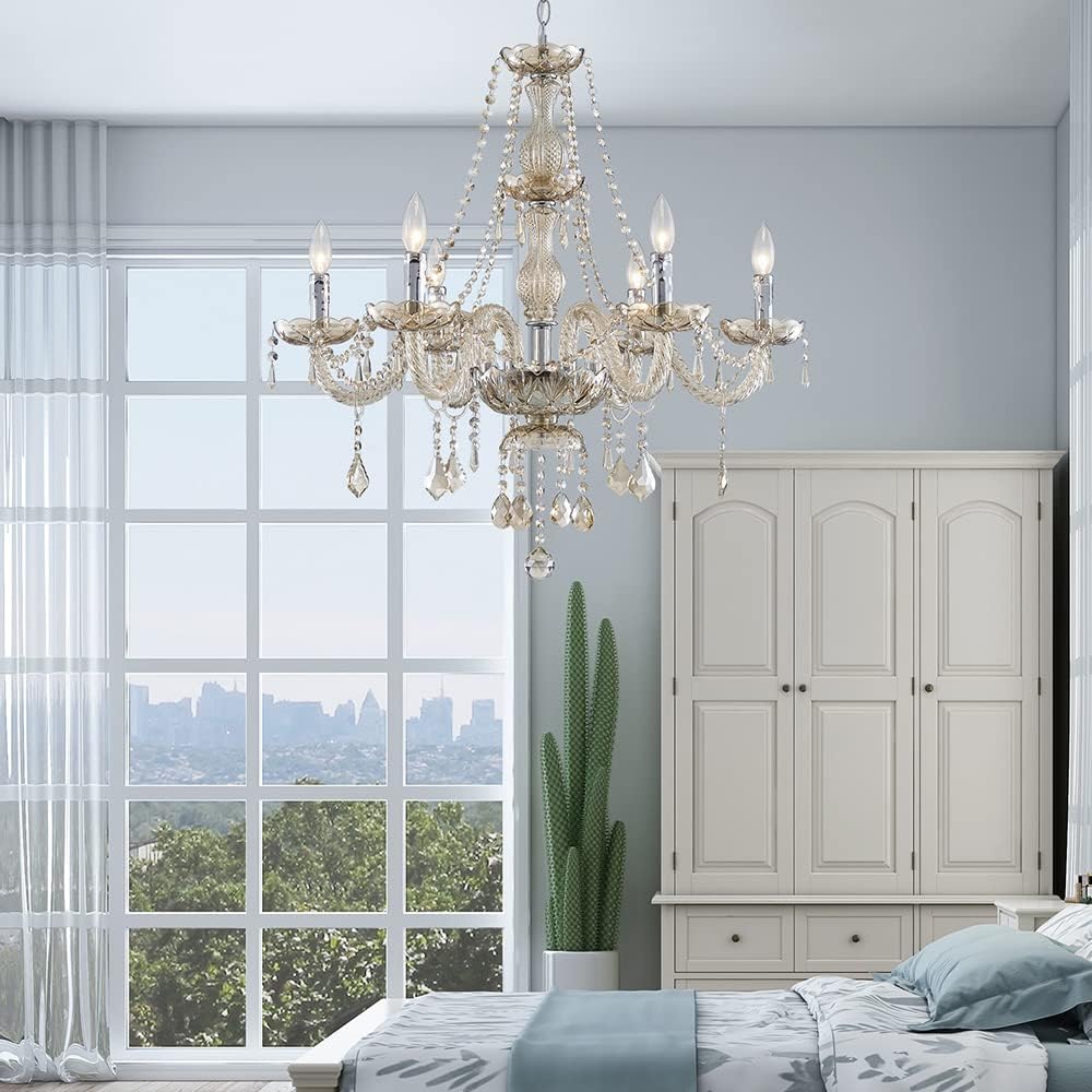 6 Light Chandelier Modern K9 Crystal Chandelier Lighting, Champagne Crystal Ceiling Light Fixture Pendant Lamp for Dining Room Bathroom Bedroom Livingroom