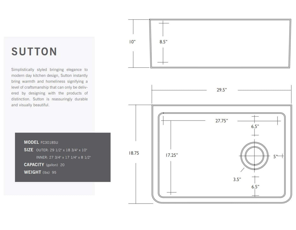Sutton Fireclay sink, 30" Apron Front Farmhouse Kitchen Sink. Solid (Not Hollow)