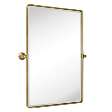 Gold Pivot Rectangle Bathroom Vanity Mirrror Farmhouse Tiltable Rounded Metal Framed Pivoting Bathroom Mirror