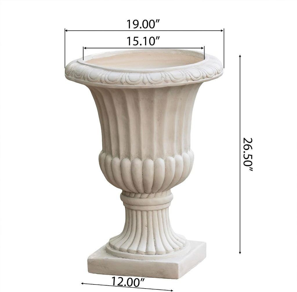 Large 26.5 Inch Outdoor Urn Planter Antique Italian Style Flower Pot, Magnesium Oxide Pedestal Garden Planter Porch