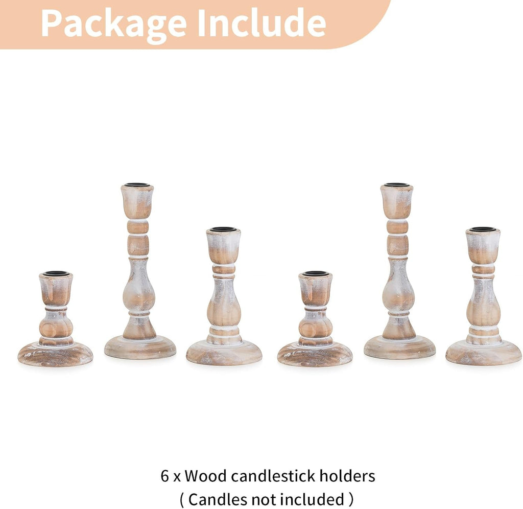 Rustic Candlestick Holders for Decor: Set of 6 Wood Taper Candles Holder - Vintage Candle Stick Tapered Holders for