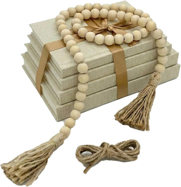 Decorative Books Decor-Set of 4 Real Linen Decorative Books, Stacked Books with Wood Bead Garland, Jute Twine & Satin