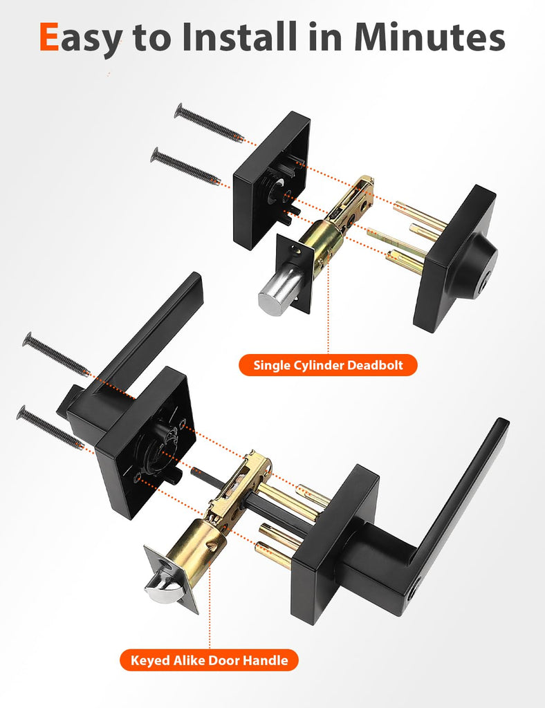 Square Keyed Alike Front/Exterior Door Levers with Single Cylinder Deadbolt, Flat Black Entry Door Knob Lock Sets