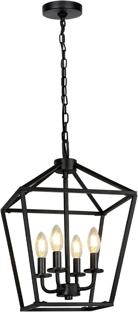 4 Light Chandelier, Industrial Ceiling Light Black Lantern Light Fixtures with Farmhouse Metal Cage Adjustable Height