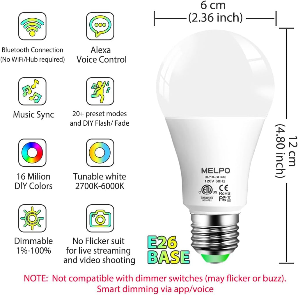 Smart RGB Light Bulbs Work with Alexa, 12W(130W Equivalent), 2700K-6000K，A19 E26 Bluetooth Color Changing Light Bulb
