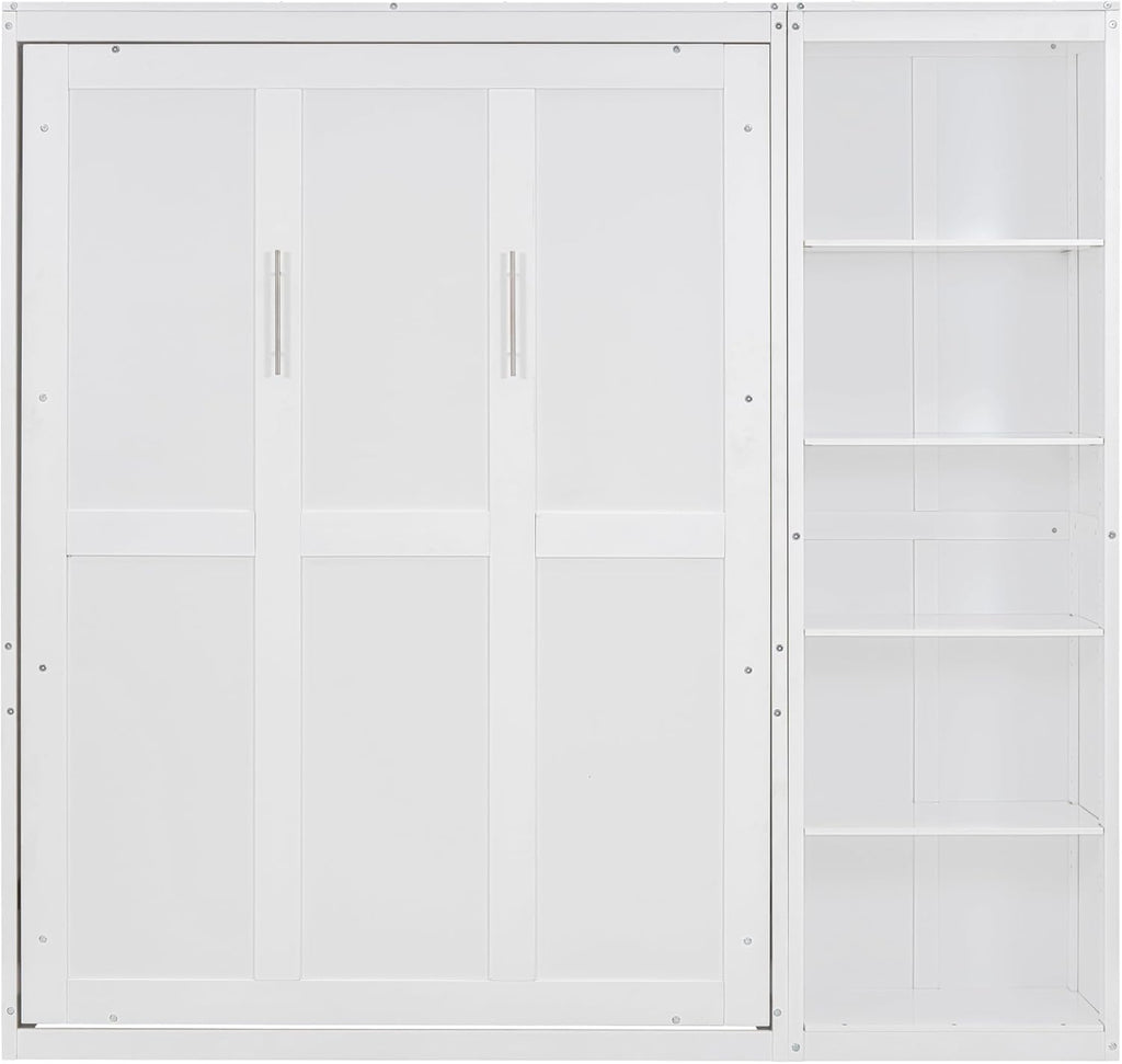 Murphy Bed with Shelves, Versatile Wall Bed, Foldable Murphy Cabinet, Full, White