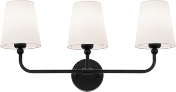 Bathroom Light Fixtures, Matte Black Vanity Lights with Flared White Fabric Shade, 3 Light Wall Sconce, Modern