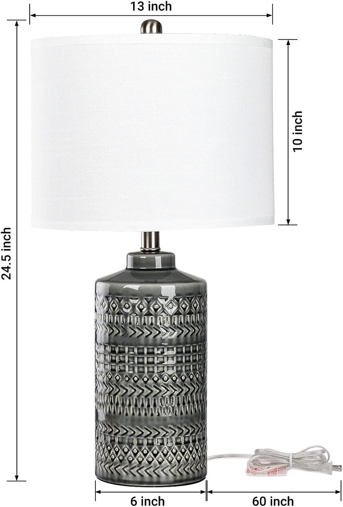 Modern Ceramic Table Lamp, 24.5" Living Room Lamps 3-Way Dimmable Gray Nightstand Lamp with White Shade|Tall Bedside