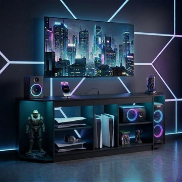 Modern TV Stand with LED Lights & Power Outlets for 75 inch TVs, Gaming Entertainment Center for PS5 Xbox, Media