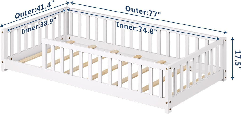 Twin Montessori Floor Bed with Rails | Solid Wood White Floor Bed Frame for Kids, Montessori Bed with Slats, No Box