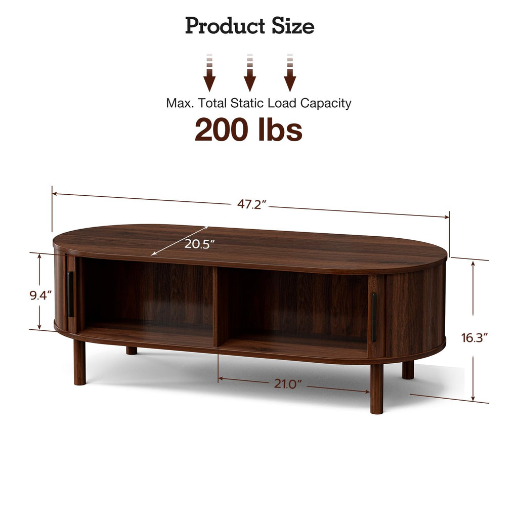 Oval Coffee Table with Sliding Doors, Mid-Century, Walnut