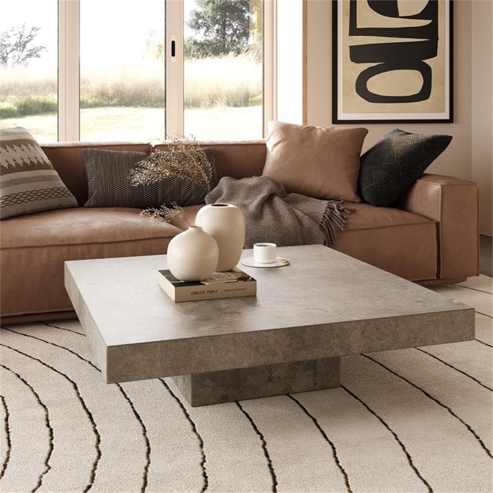 Square Modern Concrete Coffee Table, 43 x 43 x 12 in, Fiber Reinforced Stone, Dark Gray Acrylic Sealed Finish