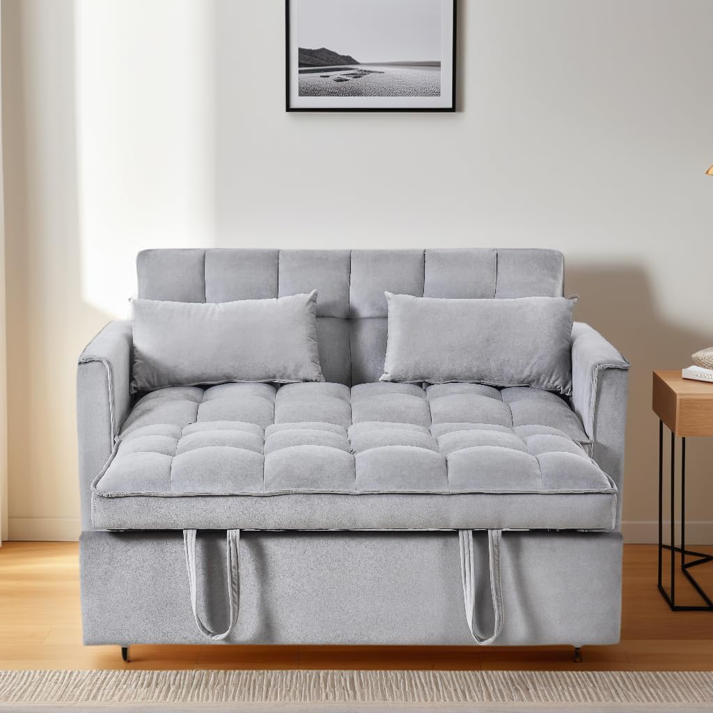 53" Sleeper Sofa, 3-in-1 Convertible Pull Out Couch, Velvet Loveseat with Adjustable Backrest, Side Pockets & 2