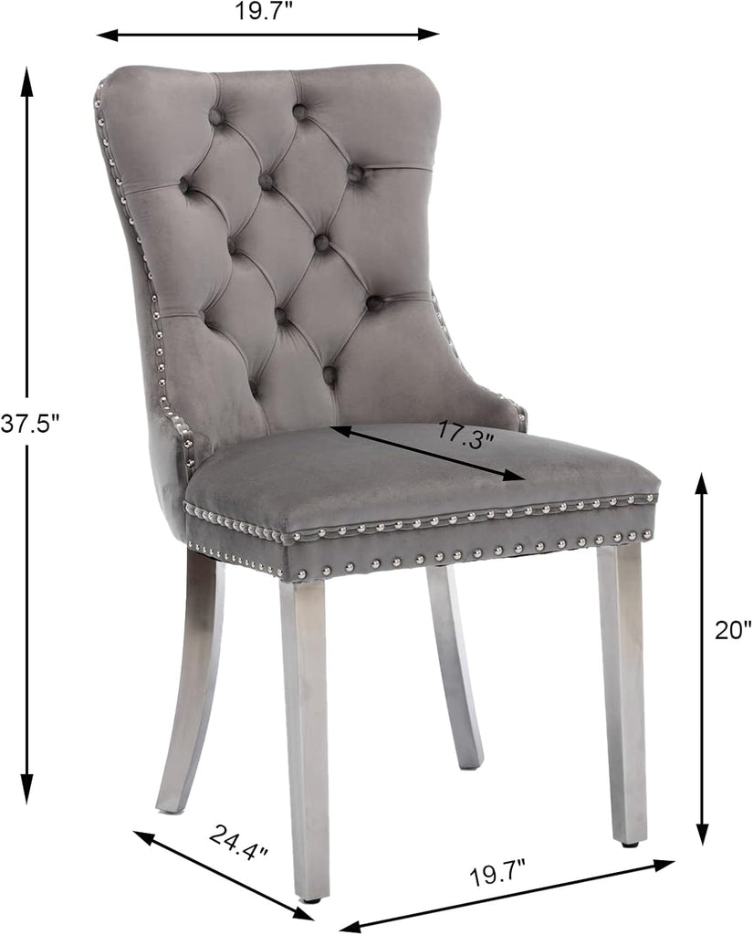 Grey Velvet Dining Chairs Set of 4, Tufted Back, Silver Metal Legs | Ring pull; wing back; nailhead trim; spring and