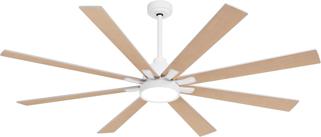 62" Ceiling Fan with LED Light and Remote - White / Light Natural Wood