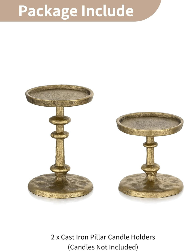 Gold Candle Holders for Pillar: Antique Brass Cast Iron Candle Stand | Handcrafted Hammered Decor for 3 Inch Pillars