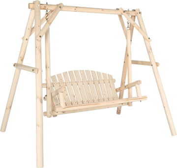 880 LBS Wooden Porch Swing with A-Frame Stand, Natural Outdoor Swing | Heavy-Duty Wooden Swing; Sturdy A-Frame Stand;