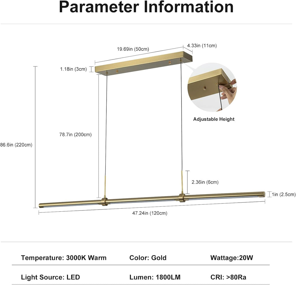 Modern Linear LED Island Light Dimmable LED Chandelier 47.24 in Adjustable Linear Hanging Light Fixture 3000K 20W
