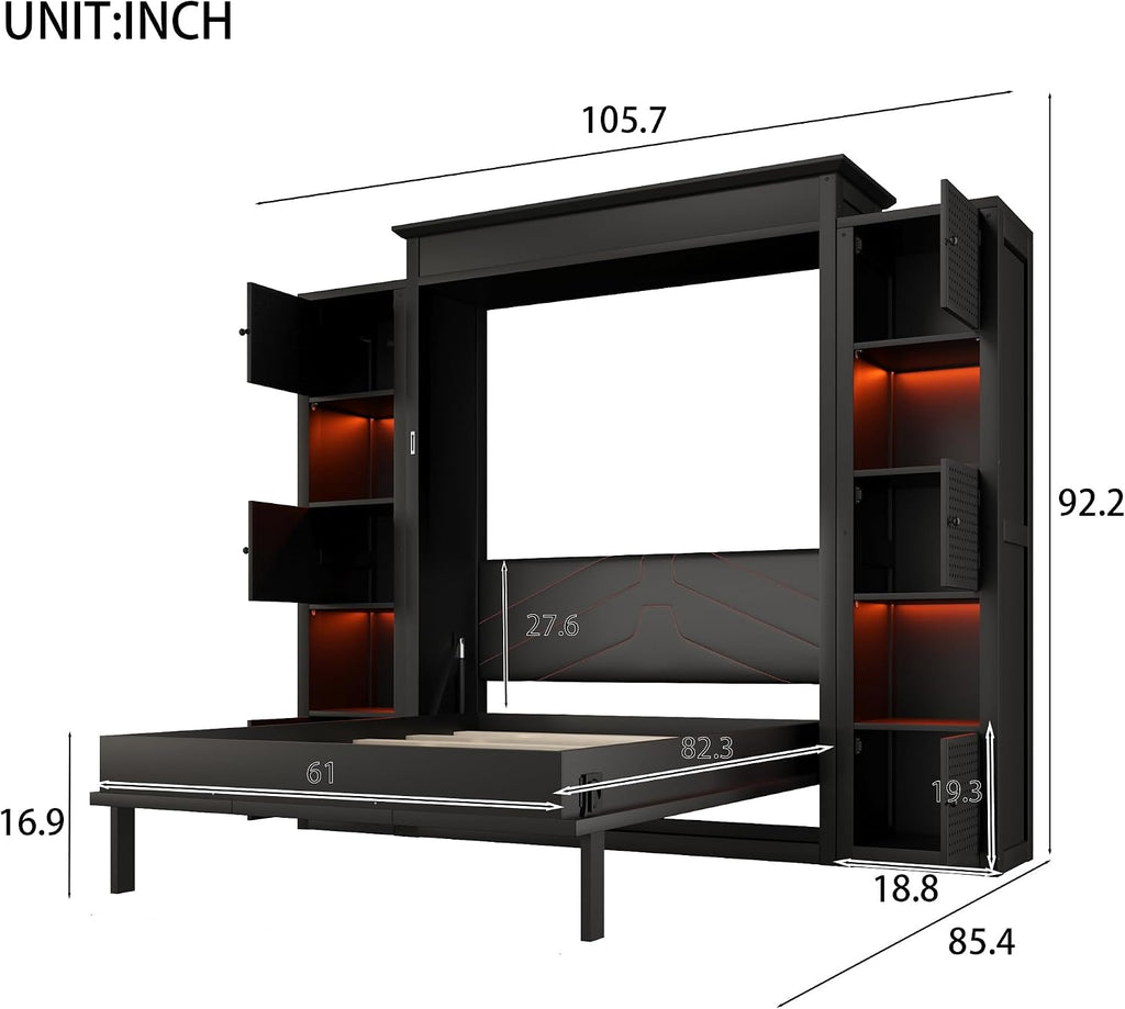 Queen Murphy Bed with Storage Shelf, Space Saving Hidden Wall Bed Cabinet with LED Lights, Foldable Murphy Beds with