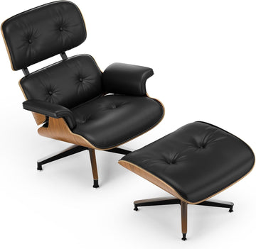 Mid Century Modern Top Grain Leather Chaise Lounge Chair & Ottoman