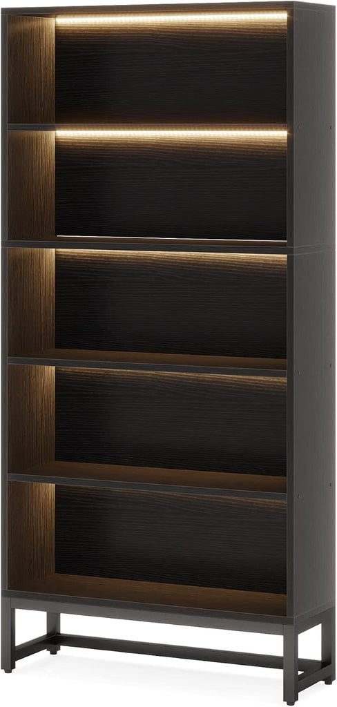 Tall Bookcase Black Bookshelf, 70.8” Large Bookcases Organizer with LED Lights