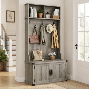 Farmhouse Hall Tree, Entryway Coat Rack with Closed Shoe Cabinet